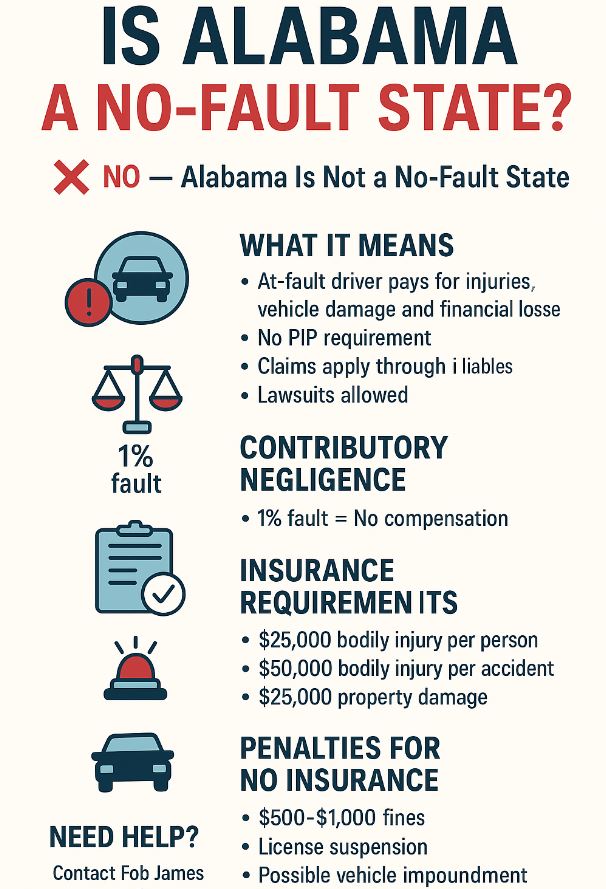 Infographic explaining that Alabama is a fault-based state, not no-fault. Highlights key points: at-fault driver pays, no PIP, contributory negligence bars recovery if you’re 1% at fault, penalties for no insurance, and steps to take after a crash.