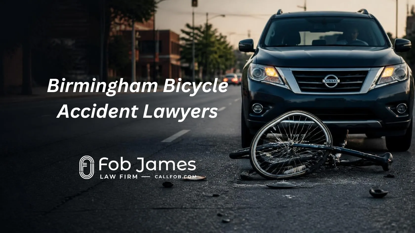 Damaged bicycle on Birmingham street after collision with vehicle, representing bicycle accident cases handled by Fob James Law Firm