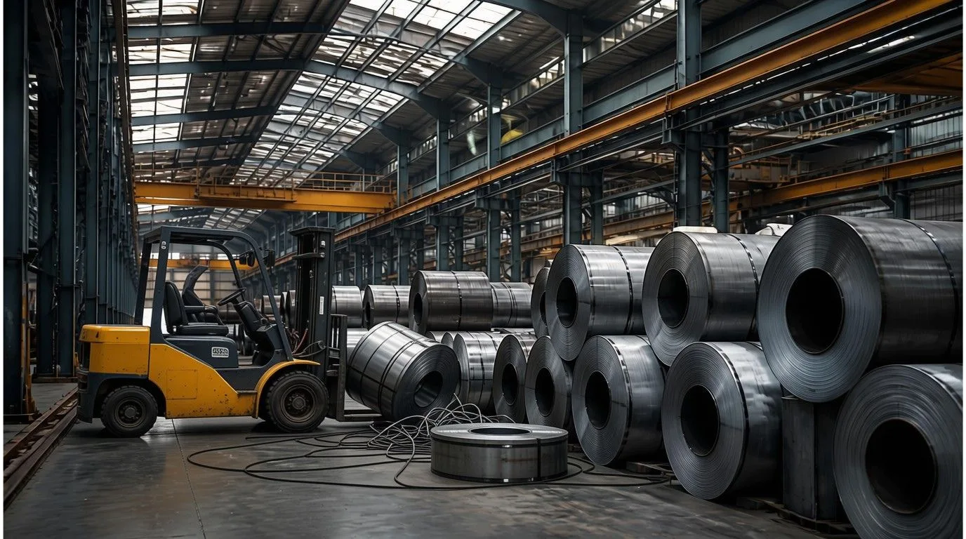 Industrial warehouse with forklift and fallen steel coils depicting a workplace accident scene in Birmingham manufacturing facility