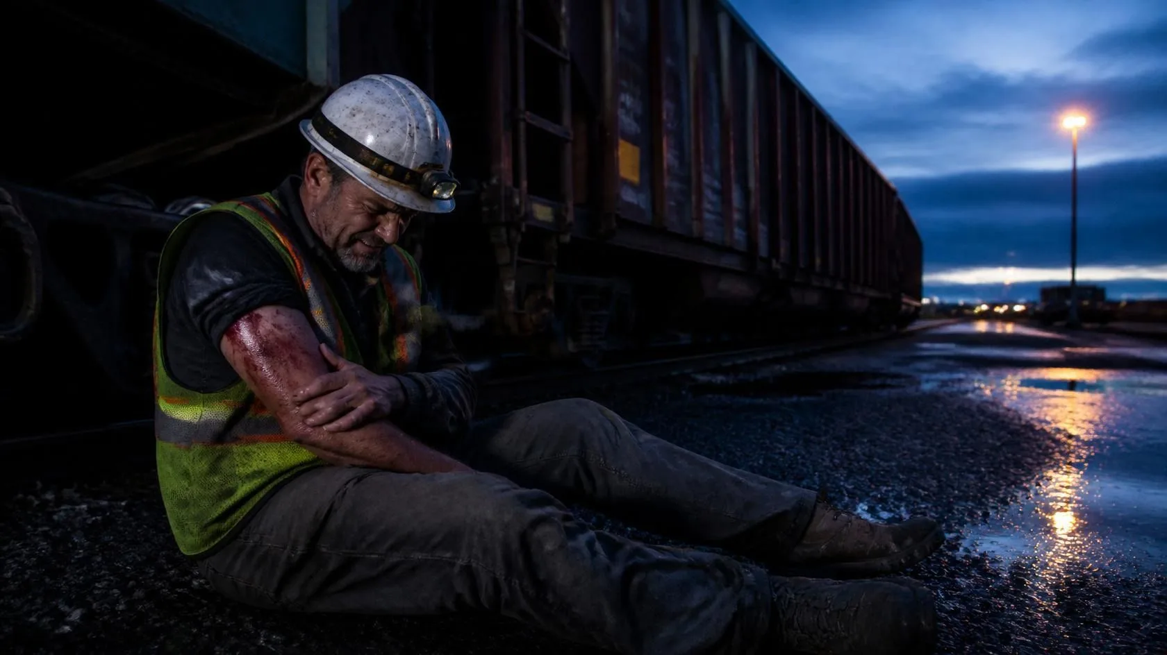 Injured railroad worker in safety gear sitting beside freight car after workplace accident