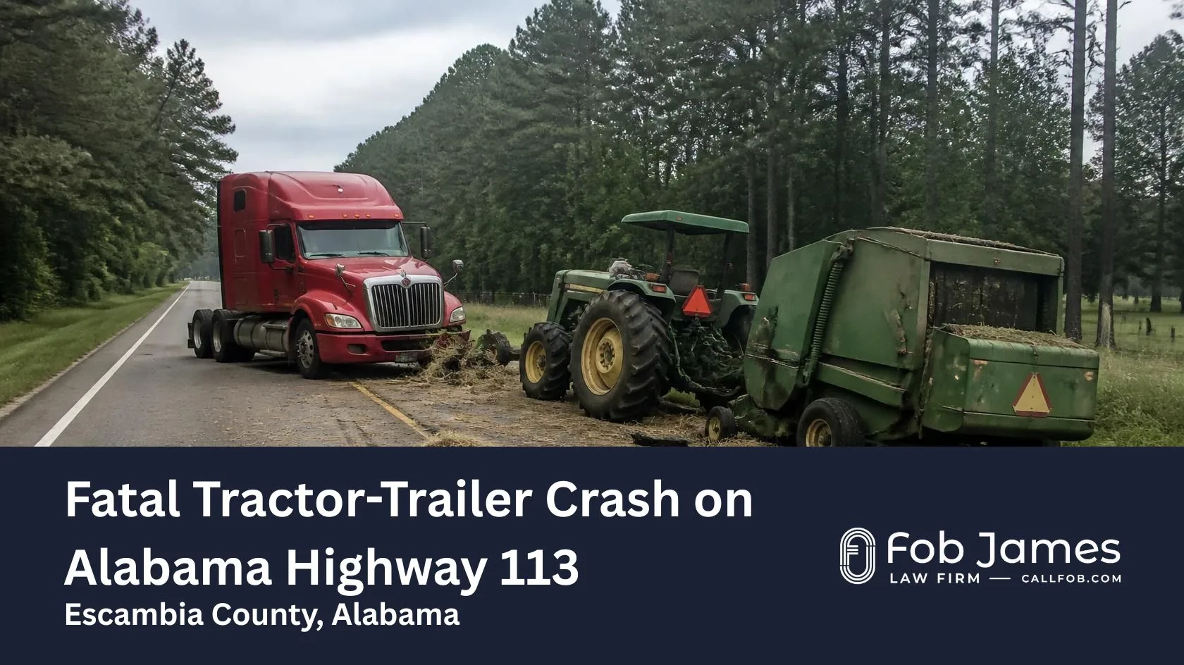 A farm tractor towing a hay baler and a semi-truck traveling on a rural two-lane stretch of Alabama Highway 113 in Escambia County, Alabama.