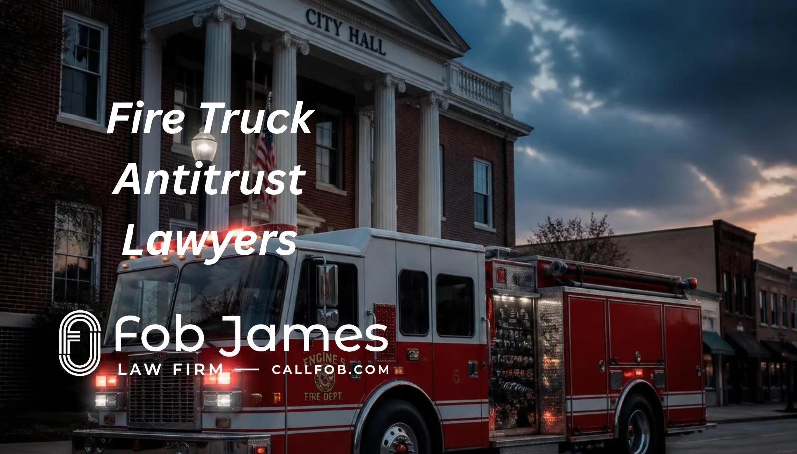 Red fire engine parked outside a city hall, representing fire truck antitrust lawyers for cities and counties in Alabama, Georgia, and Tennessee