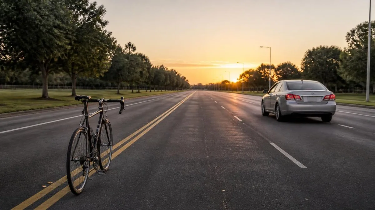 A road bicycle and a silver sedan on a tree-lined stretch of Crestwood Boulevard in Irondale, Jefferson County, Alabama, at dawn.