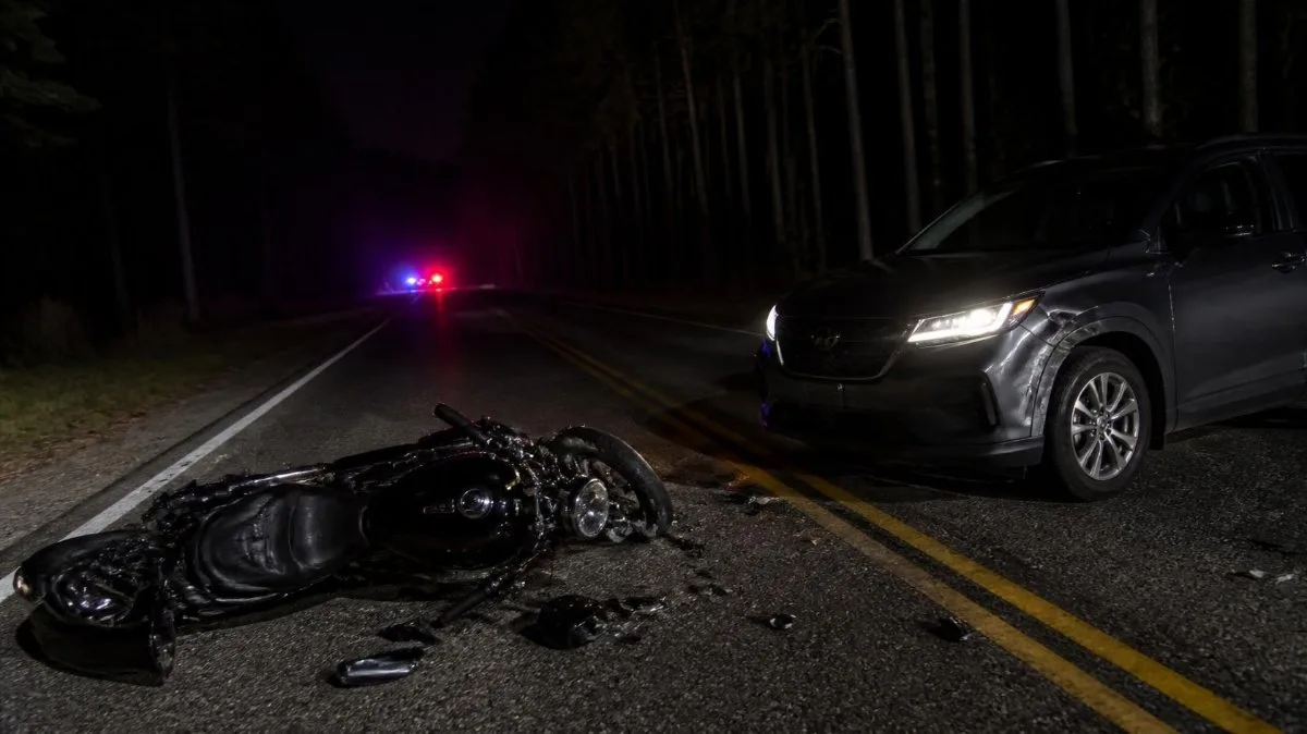 Nighttime two-vehicle crash scene on Jack Williams Road in Mobile County, Alabama, with a motorcycle down on the roadway near an SUV