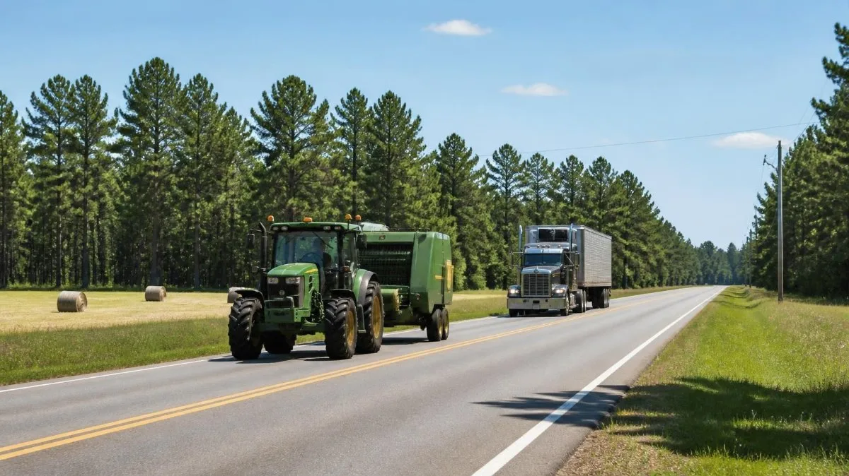 A farm tractor towing a hay baler and a semi-truck traveling on a rural two-lane stretch of Alabama Highway 113 in Escambia County, Alabama.