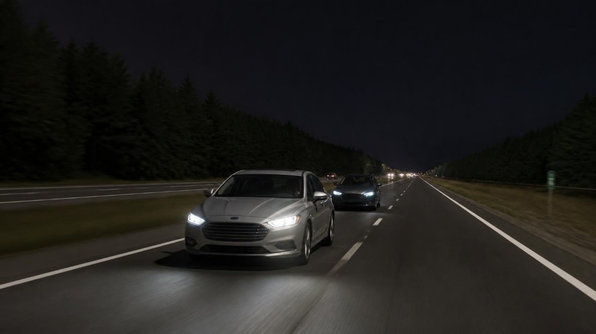 A silver sedan and a dark gray sedan traveling at night on Interstate 65 north of Prattville in Autauga County, Alabama.