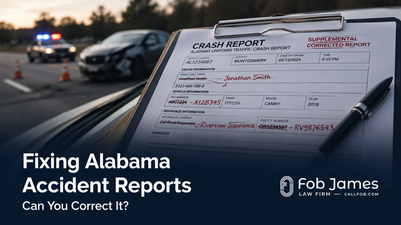 Corrected Alabama accident report with handwritten changes and a crash scene in the background