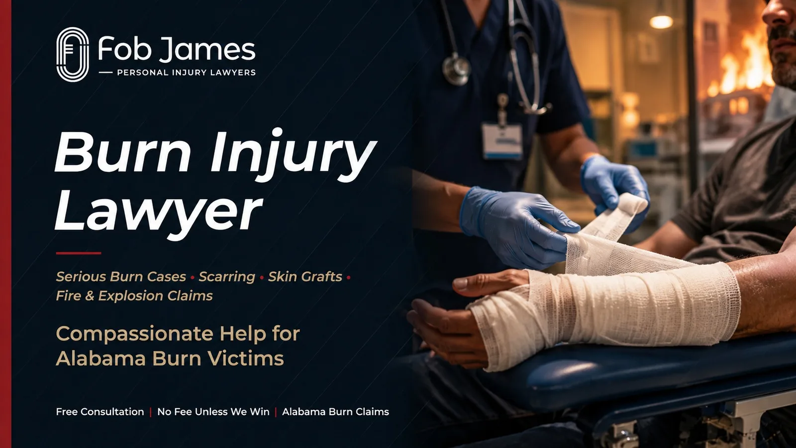 Fob James burn injury lawyer hero image showing a burn patient receiving medical treatment in Alabama.
