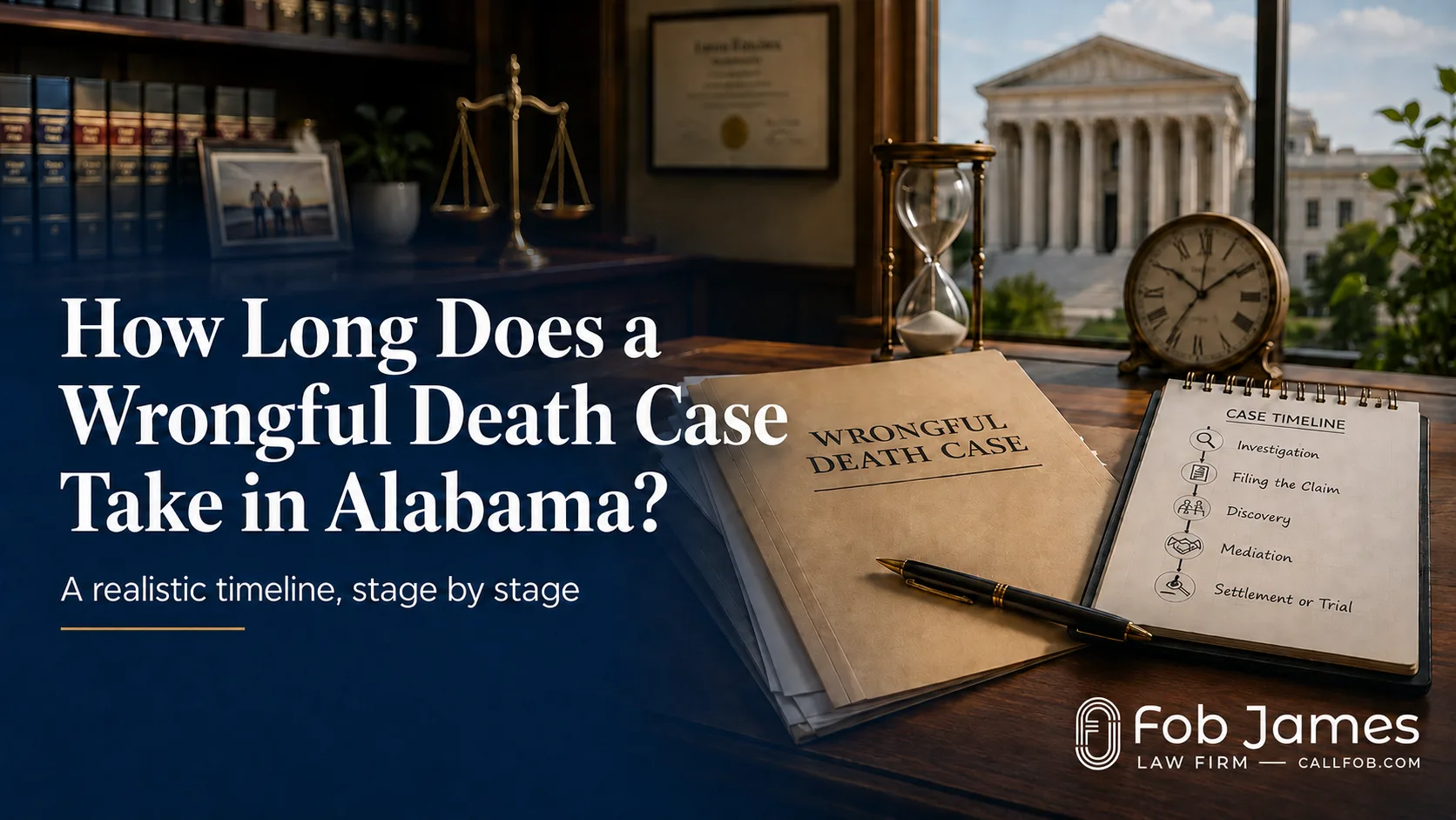 Alabama wrongful death case timeline with legal documents, hourglass, and courthouse