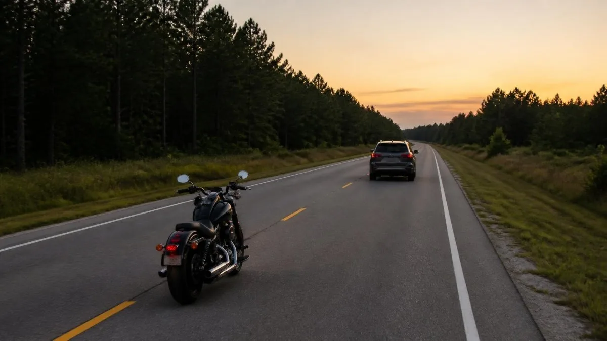 A cruiser motorcycle and an SUV traveling on a rural two-lane stretch of Alabama Highway 69 in Tuscaloosa County, Alabama, at dusk.