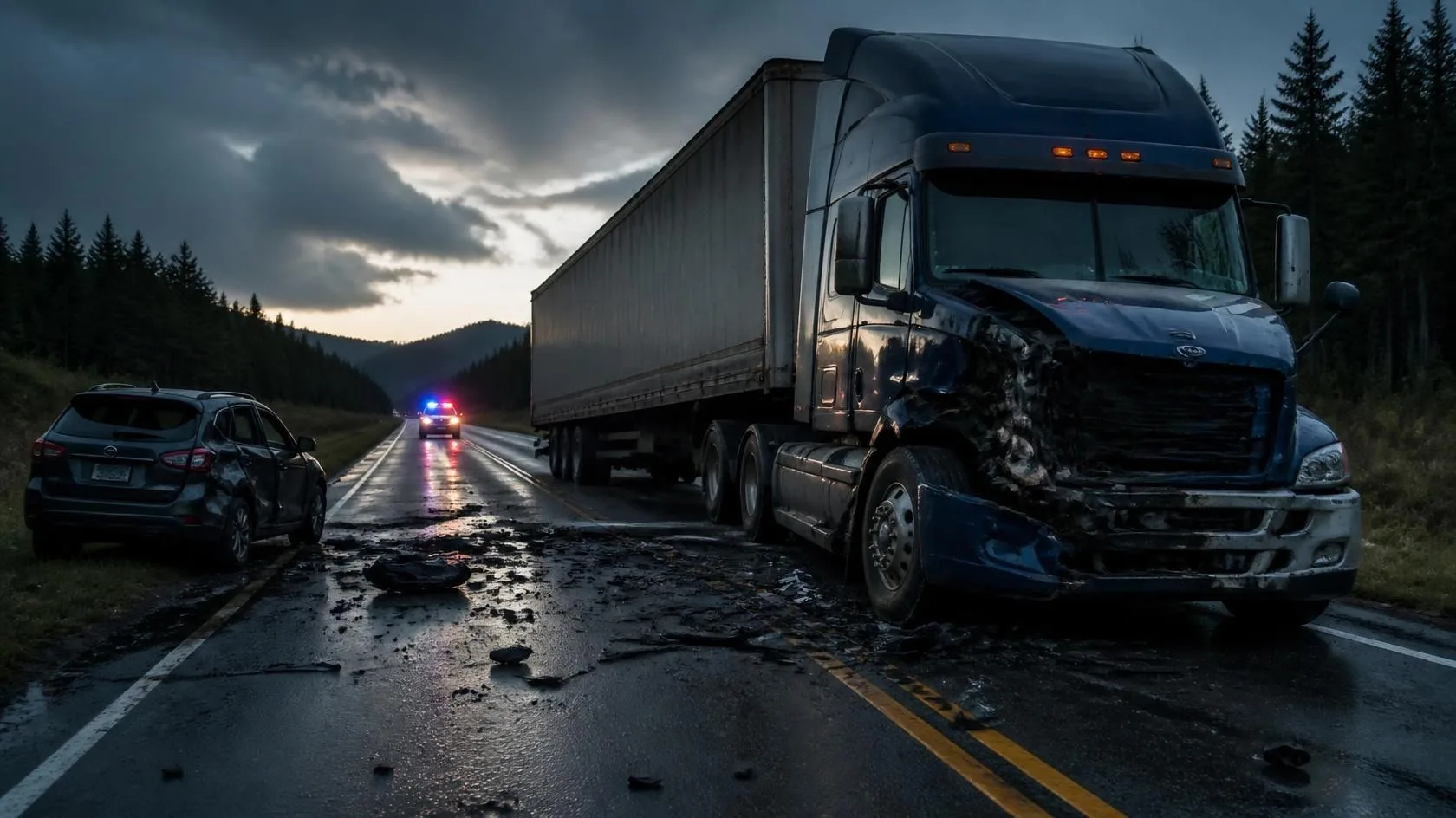Semi-truck and passenger vehicle collision on Alabama highway with emergency lights and wet pavement