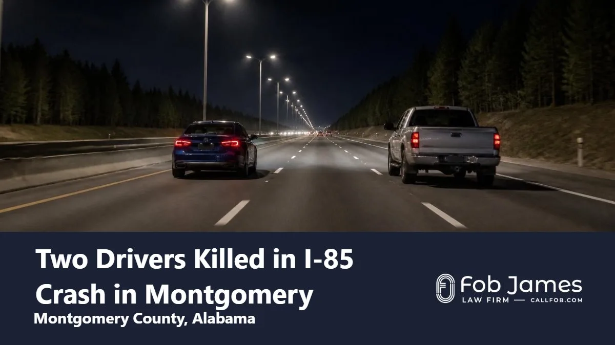 Two vehicles traveling at night on southbound Interstate 85 in Montgomery, Montgomery County, Alabama