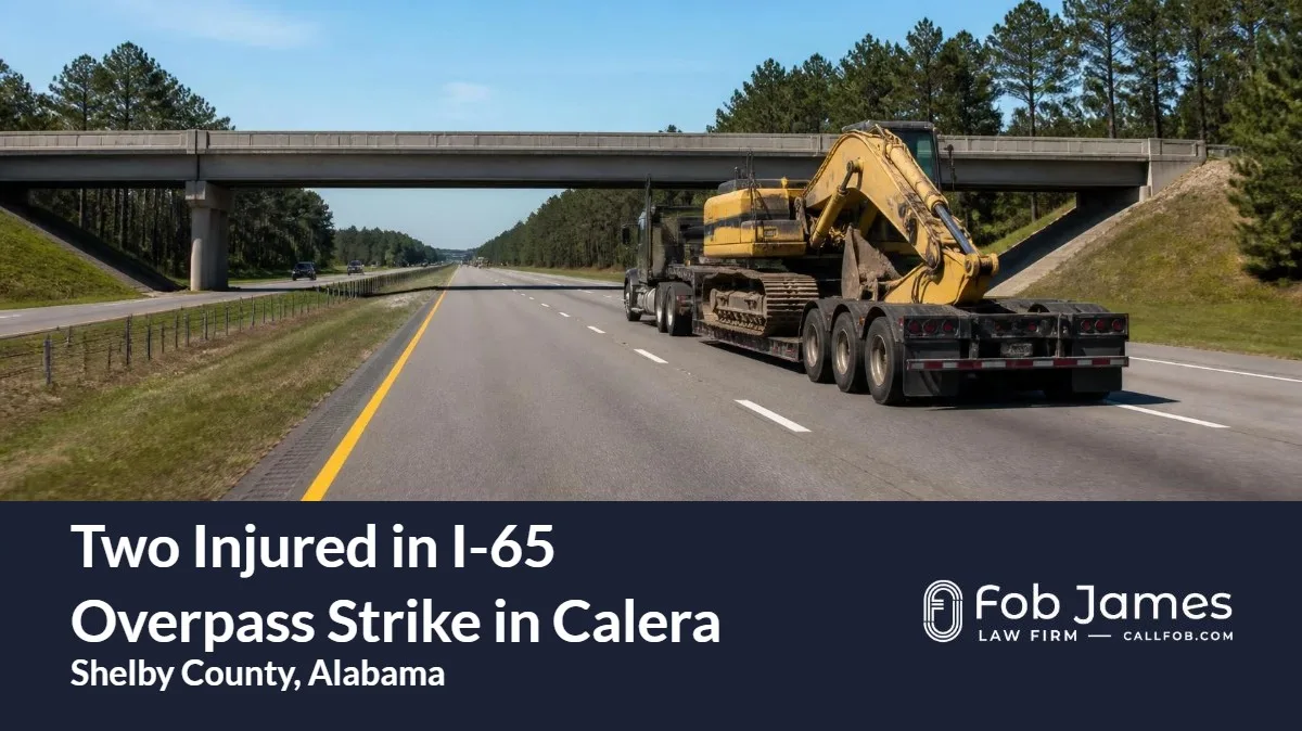 Semi truck hauling an excavator on Interstate 65 approaching a concrete overpass in Shelby County, Alabama