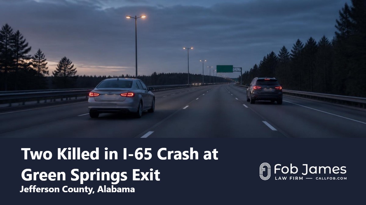 Two vehicles traveling on southbound Interstate 65 near the Green Springs exit in Birmingham, Jefferson County, Alabama, before dawn