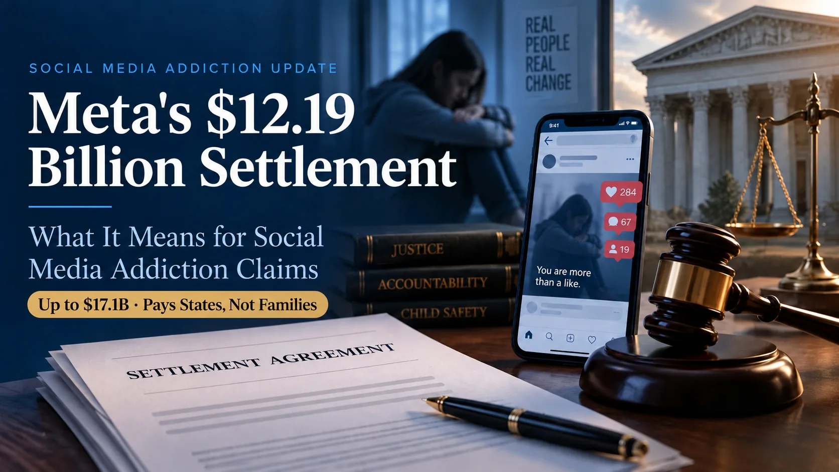 Meta $12.19 billion settlement graphic about social media addiction claims, with a smartphone, settlement agreement, gavel, and scales of justice