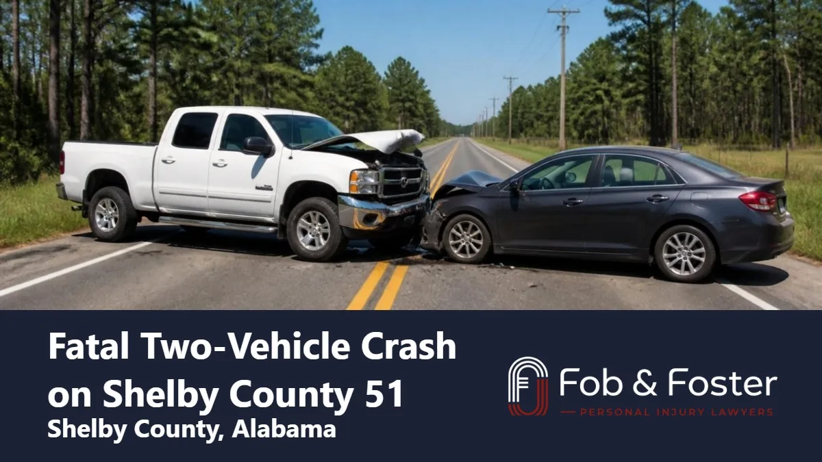 A white pickup truck and a dark gray sedan with front-end damage on Shelby County 51 near U.S. 280 in Westover, Shelby County, Alabama.