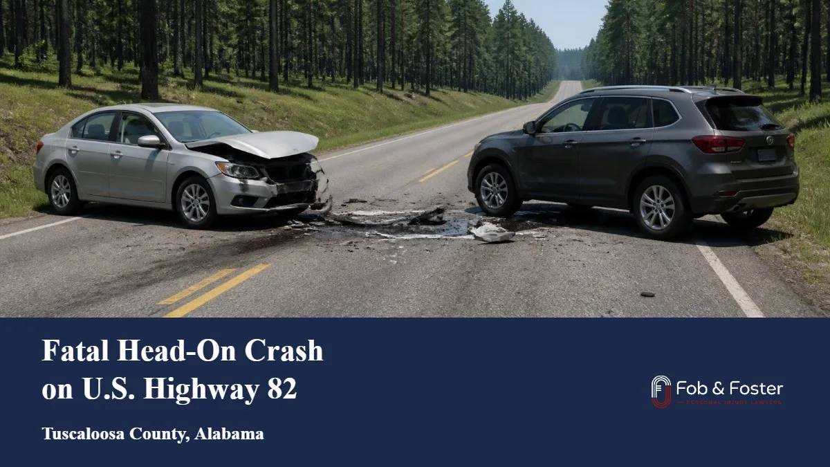 A silver sedan and a dark gray SUV stopped on U.S. Highway 82 after a head-on collision in Tuscaloosa County, Alabama.
