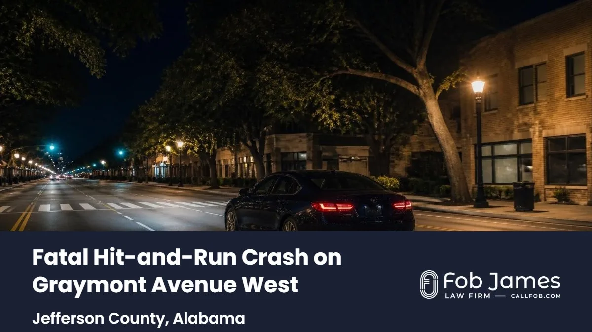 A dark sedan on a four-lane stretch of Graymont Avenue West at night in Birmingham, Jefferson County, Alabama.