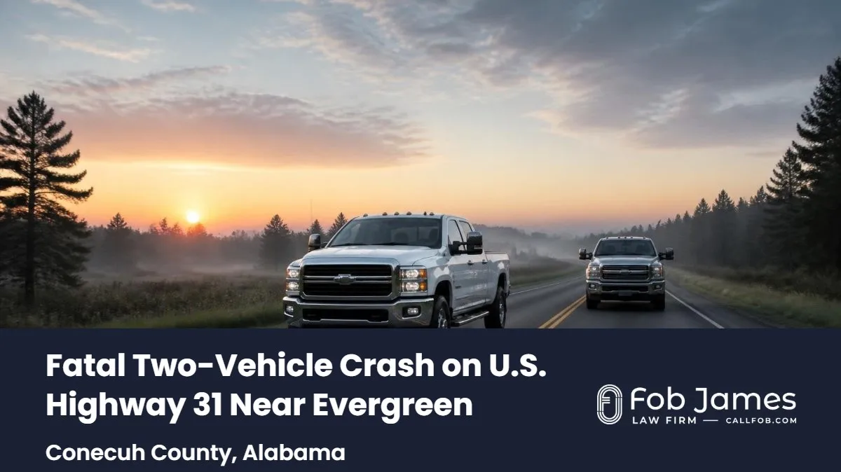 Two pickup trucks on a rural two-lane stretch of U.S. Highway 31 near Evergreen in Conecuh County, Alabama, at dawn.