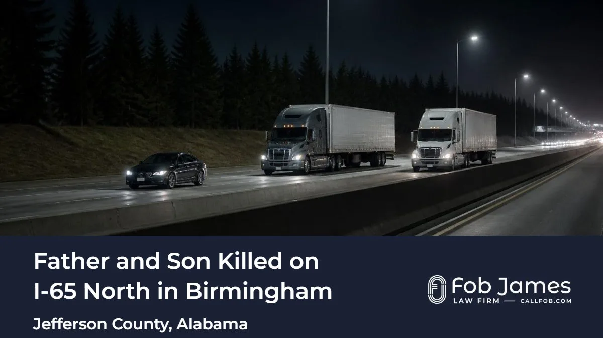 A sedan and two tractor-trailers on a stretch of Interstate 65 North in Birmingham, Jefferson County, Alabama, at night.