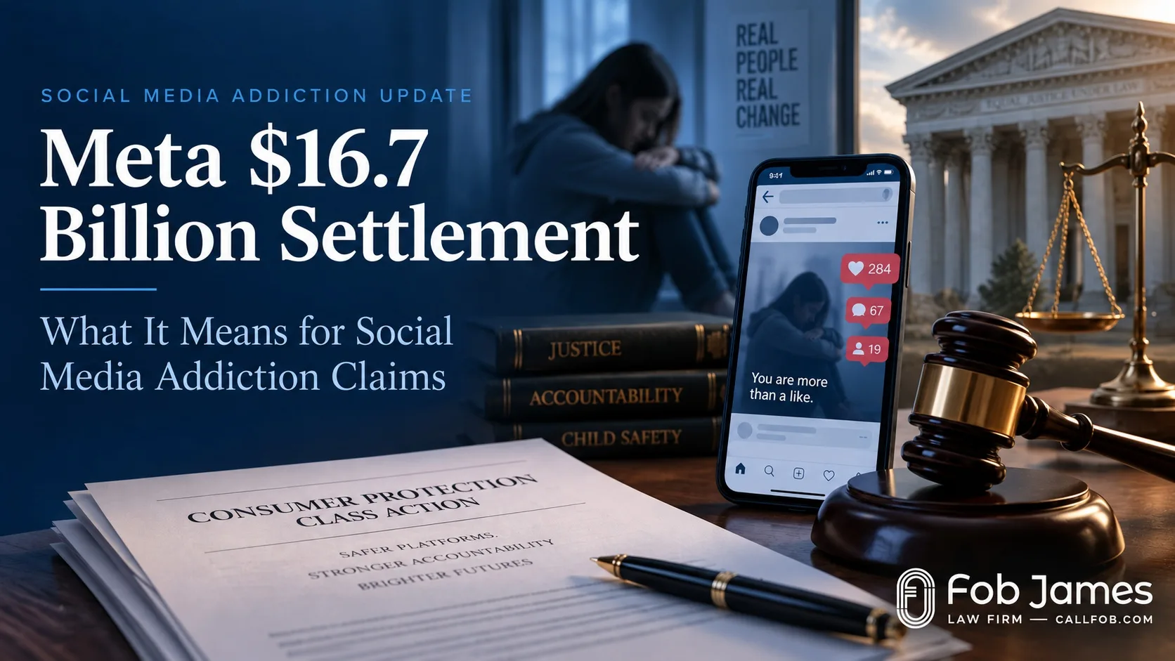 Meta $16.7 billion settlement graphic about social media addiction claims, with smartphone, legal documents, and gavel