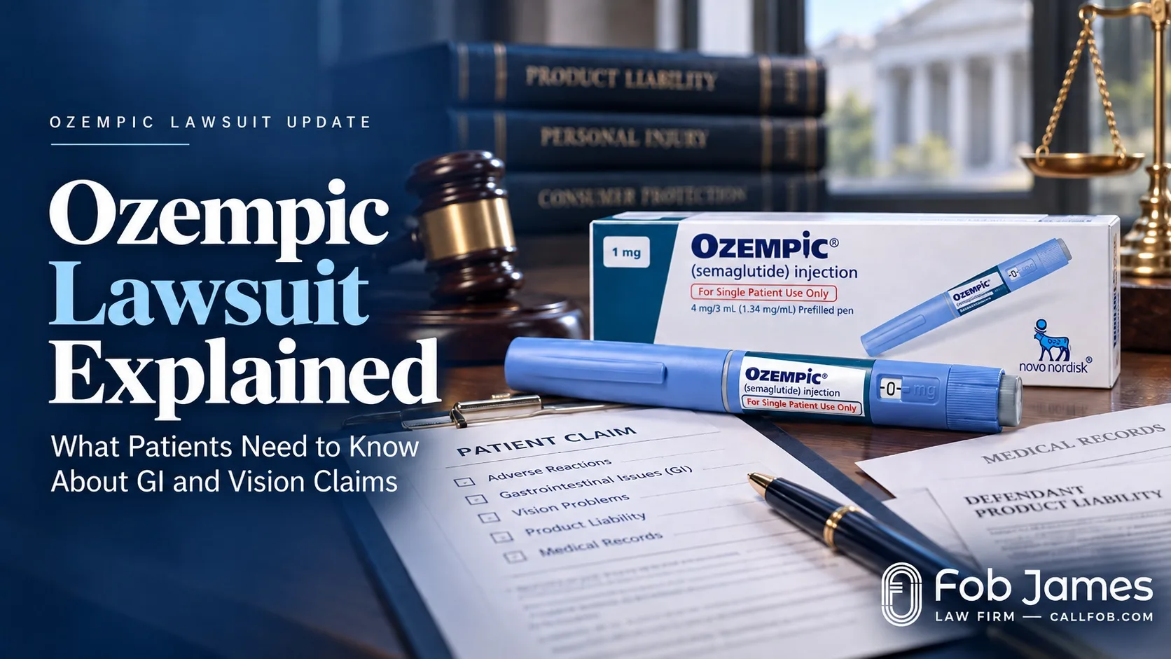 Ozempic injection pen with patient claim documents and legal materials about gastrointestinal and vision injury lawsuits