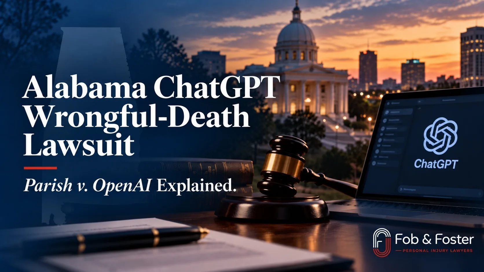 Alabama ChatGPT wrongful-death lawsuit graphic showing a courthouse, gavel, laptop with ChatGPT, and the case Parish v. OpenAI