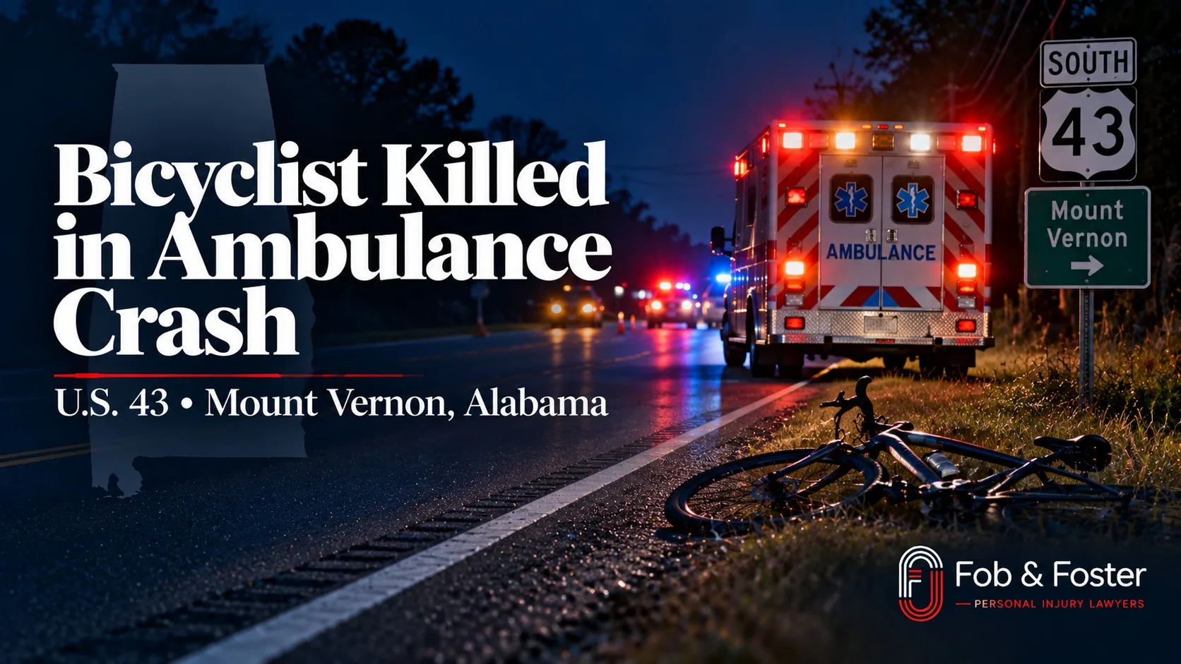 Bicyclist killed in ambulance crash on U.S. 43 in Mount Vernon, Alabama, with an ambulance, emergency lights, bicycle, and highway signs at the crash scene