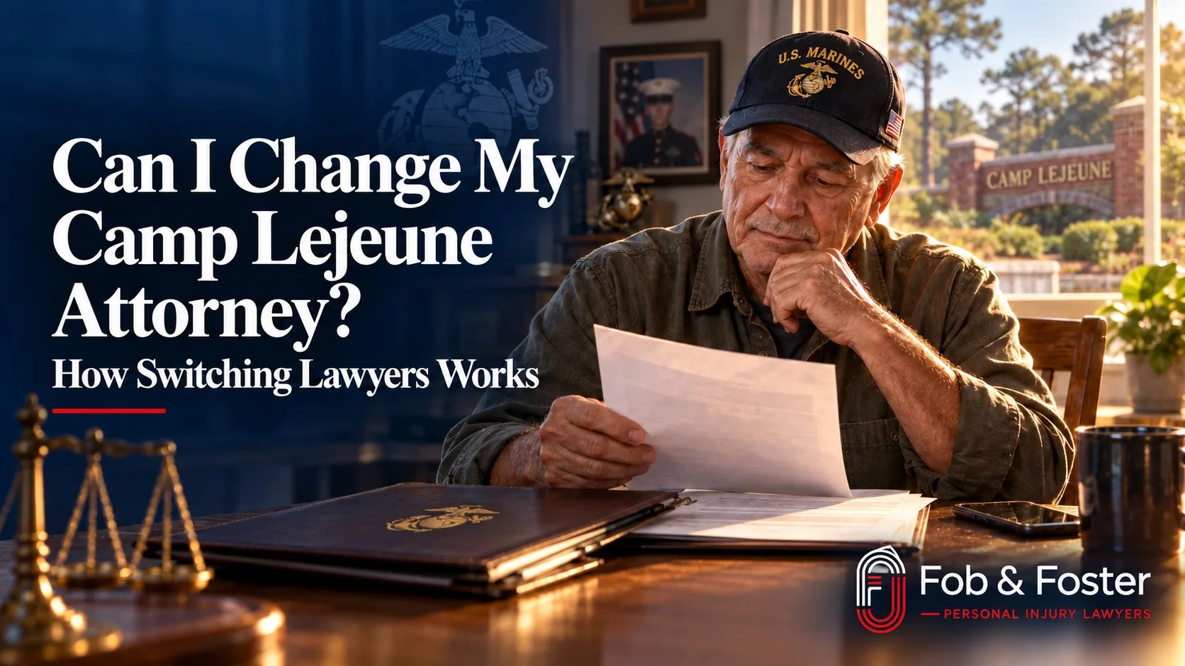 Camp Lejeune attorney change graphic showing an older Marine veteran reviewing claim paperwork at a kitchen table with scales of justice and the Camp Lejeune gate in the background