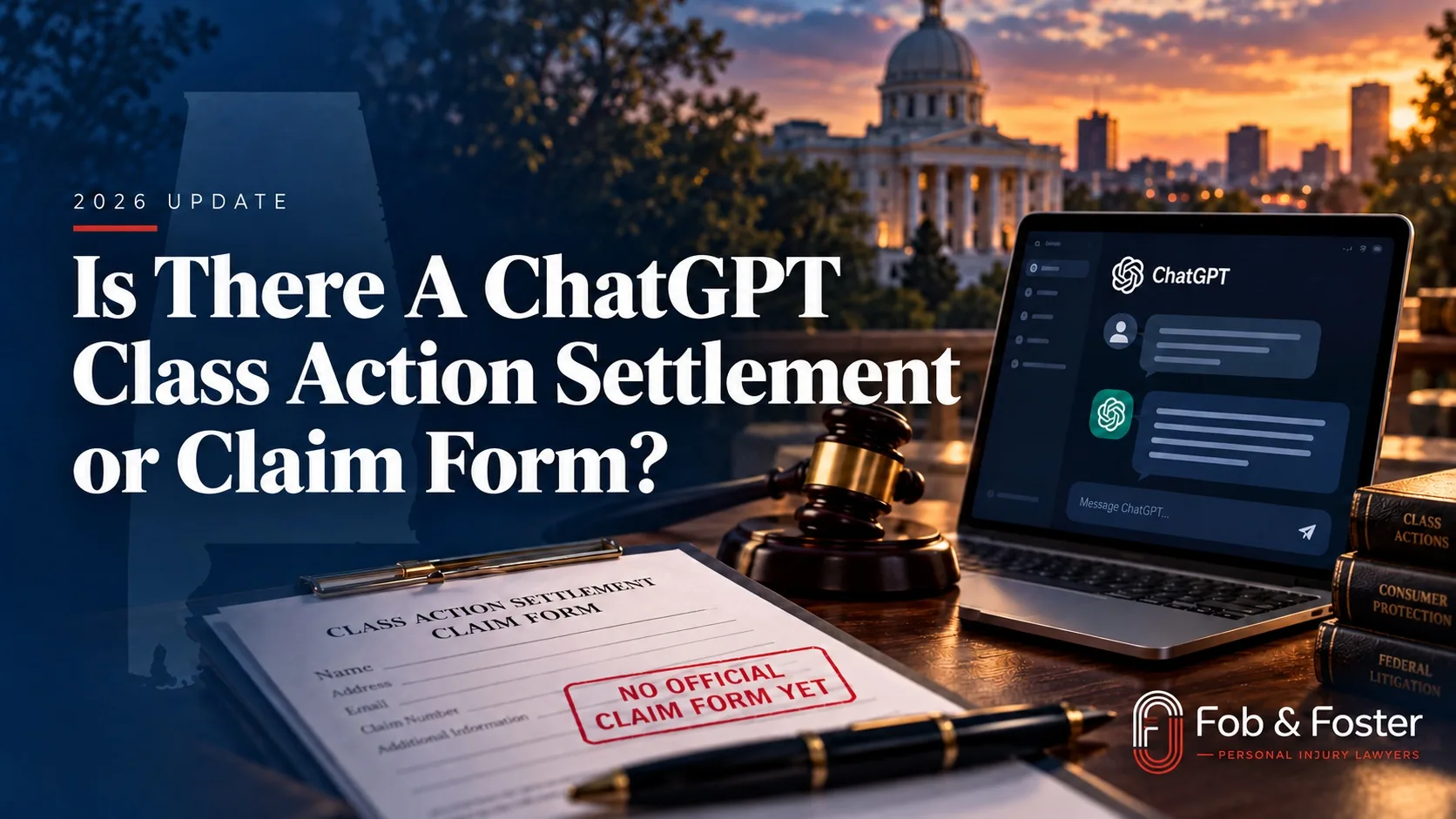 ChatGPT class action settlement claim form graphic showing a laptop with ChatGPT, gavel, legal books, and a claim form marked no official claim form yet