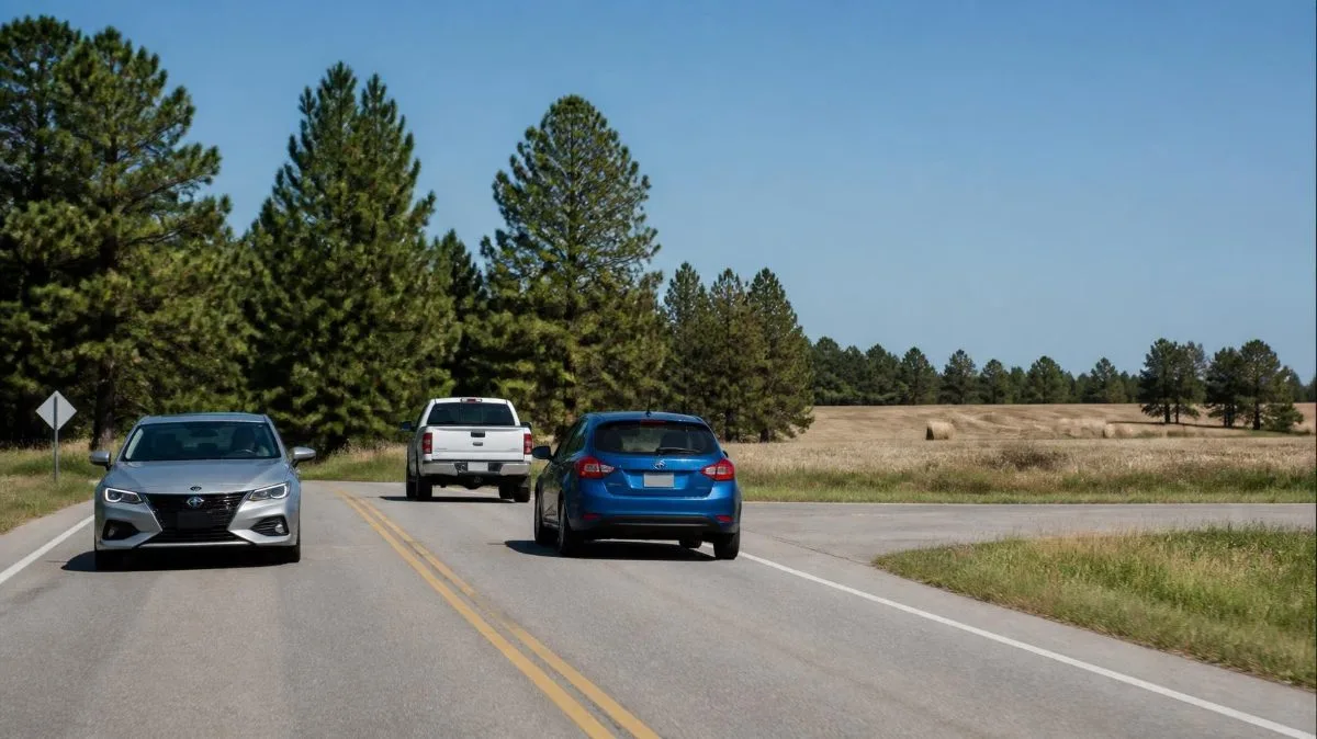 A silver sedan, a blue hatchback and a white pickup truck driving on a two-lane rural highway at midday near the Alabama 69 and County Road 747 intersection in Cullman County, Alabama, with pine trees and a hay field alongside the road
