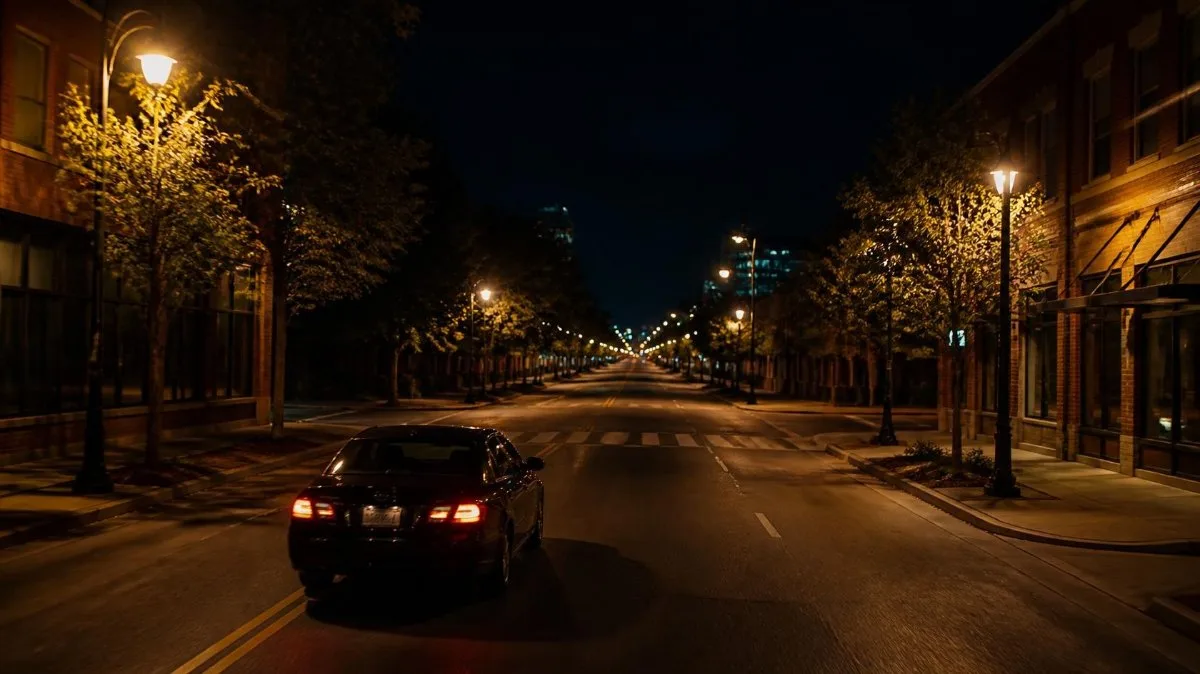 A dark sedan driving on Valley Avenue at night past streetlights and a pedestrian crosswalk in Birmingham, Jefferson County, Alabama