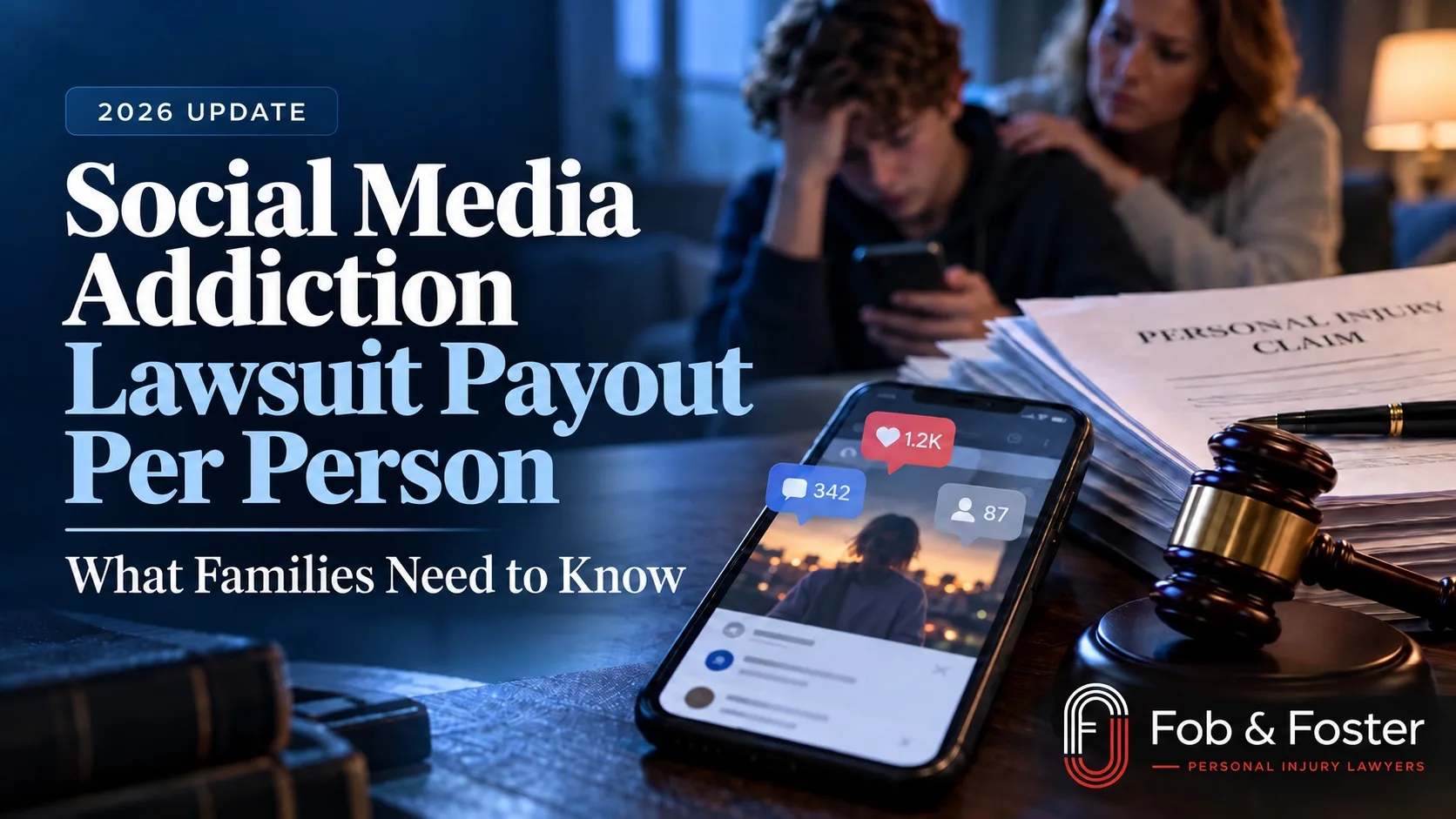 Social media addiction lawsuit payout graphic showing a teen using a smartphone, personal injury claim documents, and a judge’s gavel