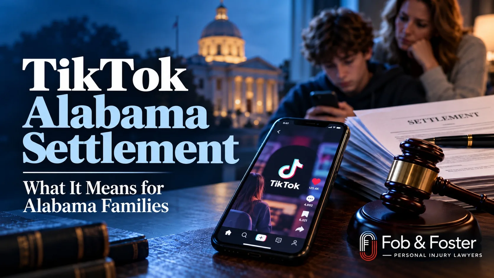 TikTok Alabama settlement graphic showing a teen using a smartphone, settlement documents, and a judge’s gavel